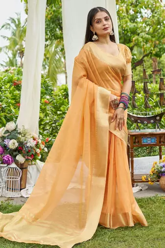 Orange plain linen linen-saree saree with blouse