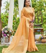 Orange plain linen linen-saree saree with blouse
