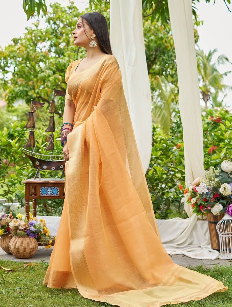 Orange plain linen linen-saree saree with blouse