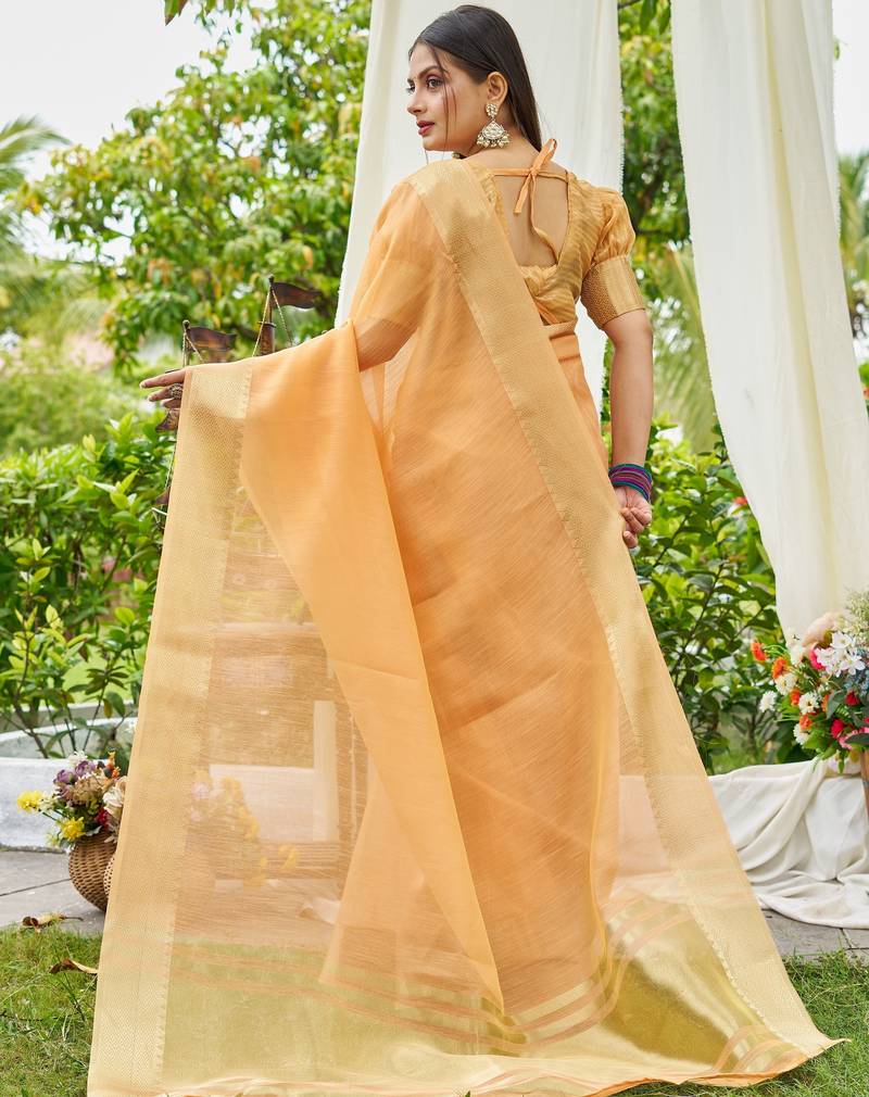 Orange plain linen linen-saree saree with blouse