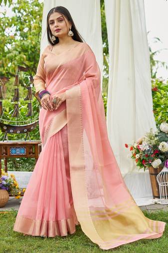 Pink plain linen linen-saree saree with blouse
