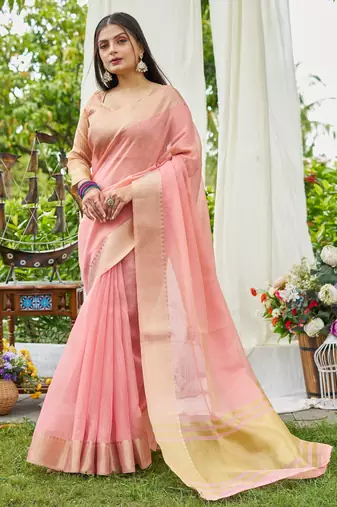 Pink plain linen linen-saree saree with blouse