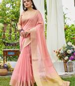 Pink plain linen linen-saree saree with blouse