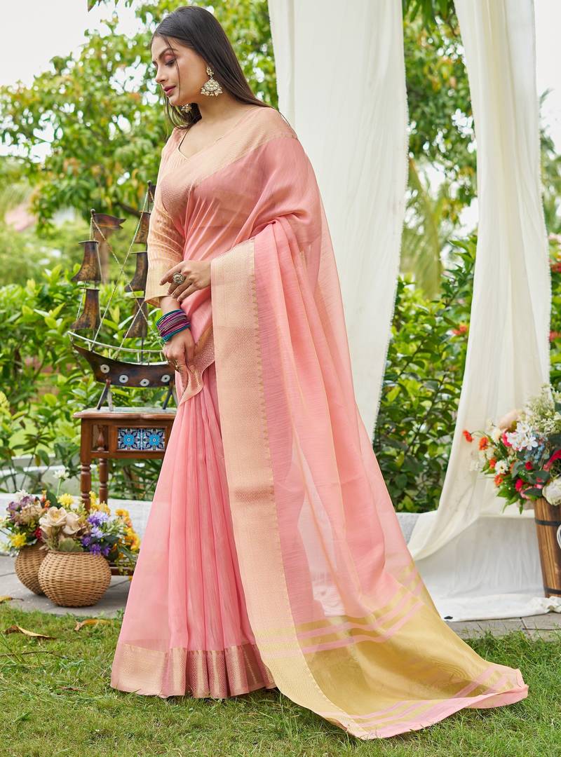 Pink plain linen linen-saree saree with blouse