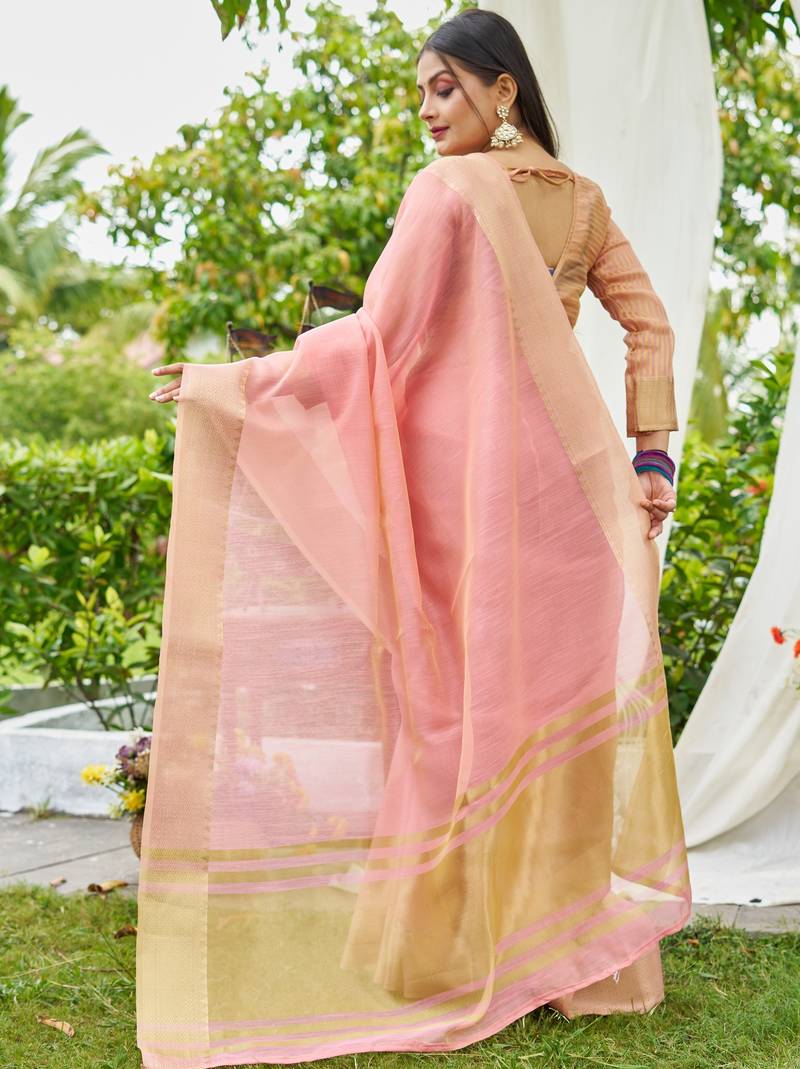 Pink plain linen linen-saree saree with blouse