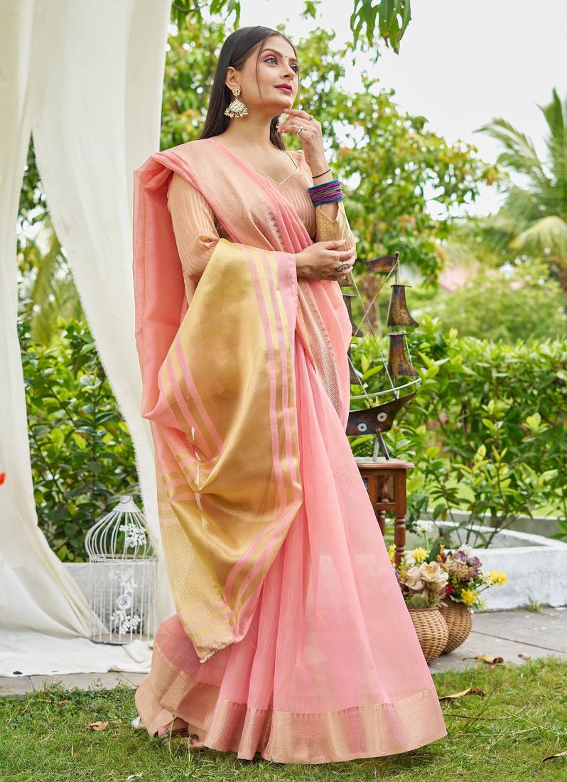 Pink plain linen linen-saree saree with blouse