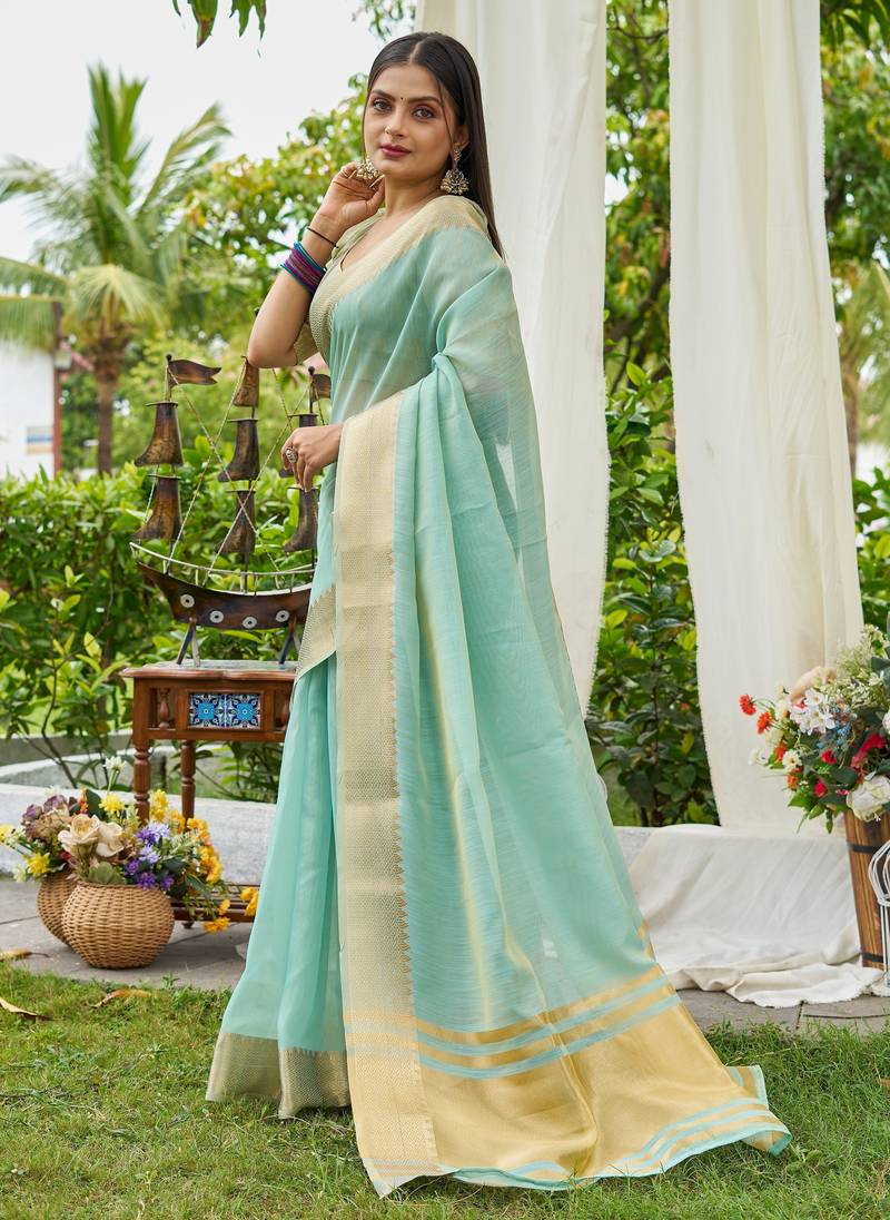 Blue plain linen linen-saree saree with blouse