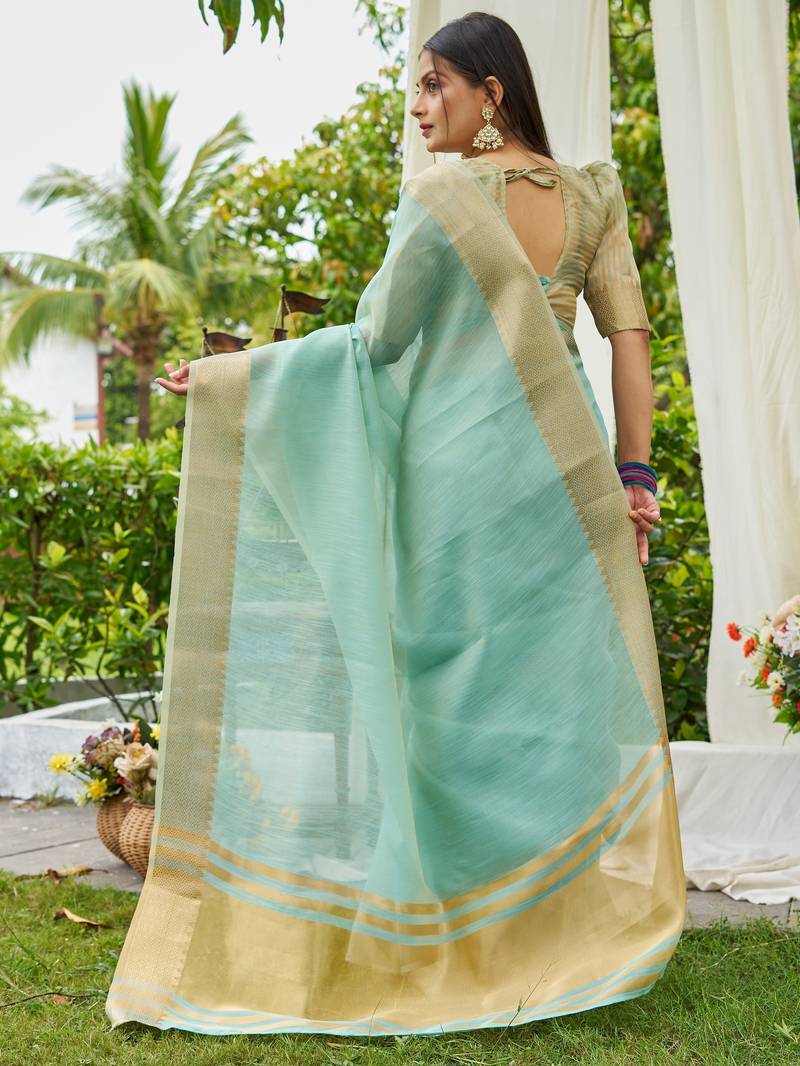 Blue plain linen linen-saree saree with blouse