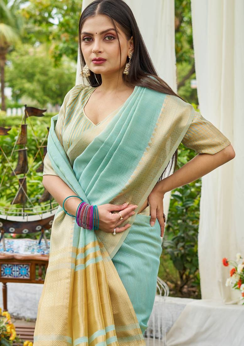 Blue plain linen linen-saree saree with blouse