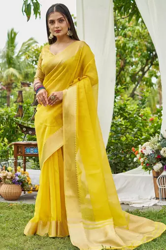 Yellow plain linen linen-saree saree with blouse