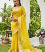 Yellow plain linen linen-saree saree with blouse