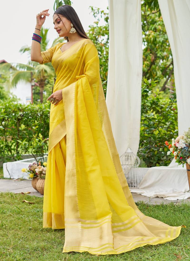 Yellow plain linen linen-saree saree with blouse