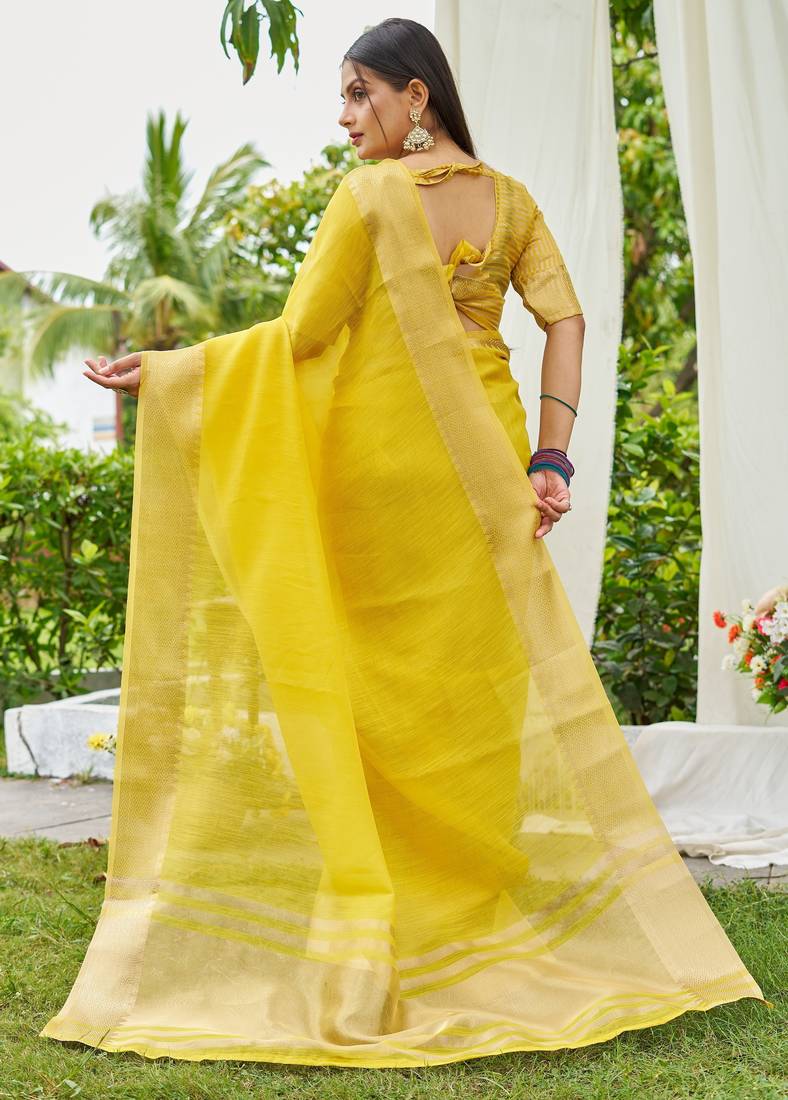 Yellow plain linen linen-saree saree with blouse