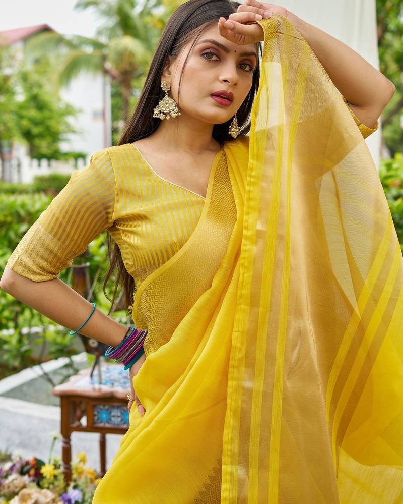 Yellow plain linen linen-saree saree with blouse