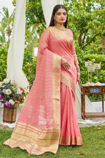 peach plain silk silk-sarees saree with blouse