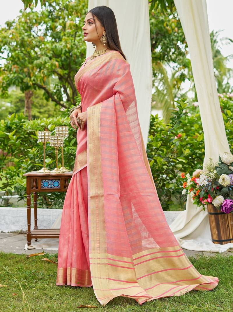 peach plain silk silk-sarees saree with blouse