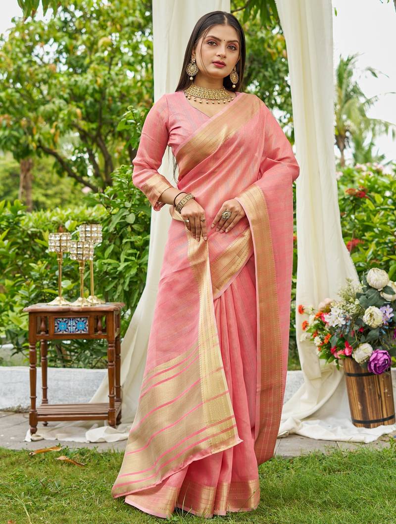 peach plain silk silk-sarees saree with blouse