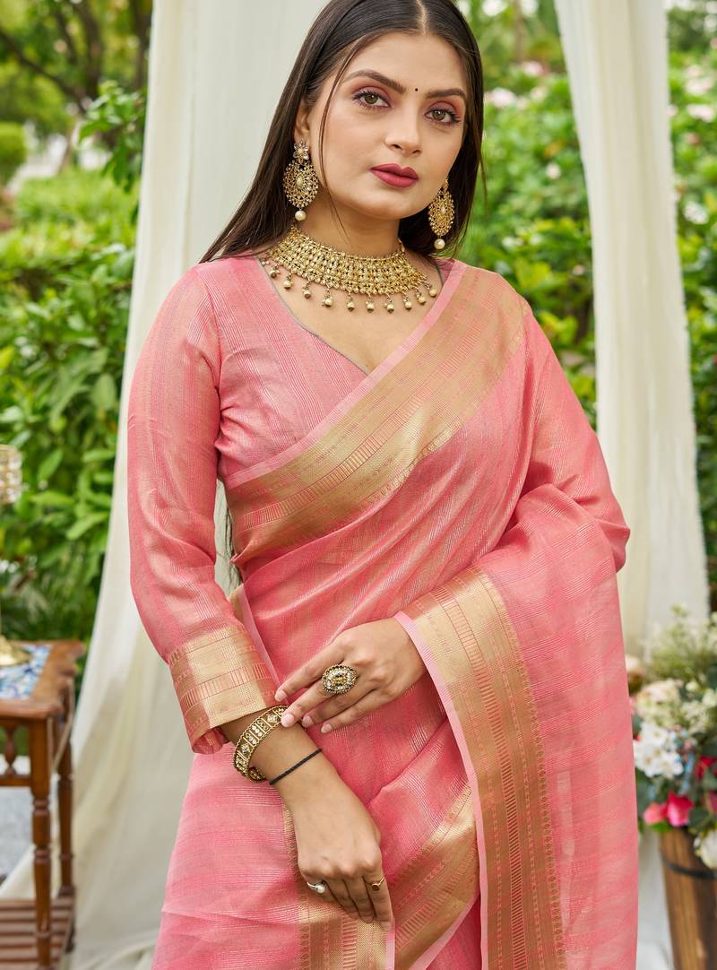 peach plain silk silk-sarees saree with blouse