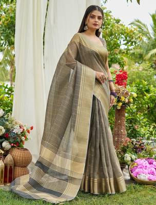 Grey plain tissue tissue-sarees saree with blouse 1