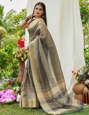 Grey plain tissue tissue-sarees saree with blouse 2