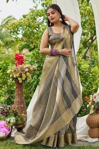 Grey plain tissue tissue-sarees saree with blouse