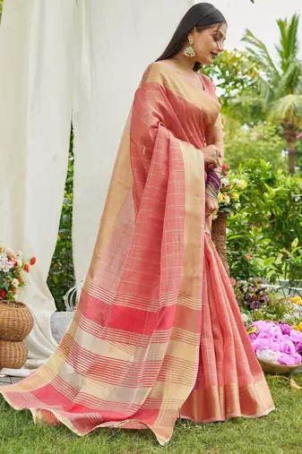 Peach plain tissue tissue-sarees saree with blouse