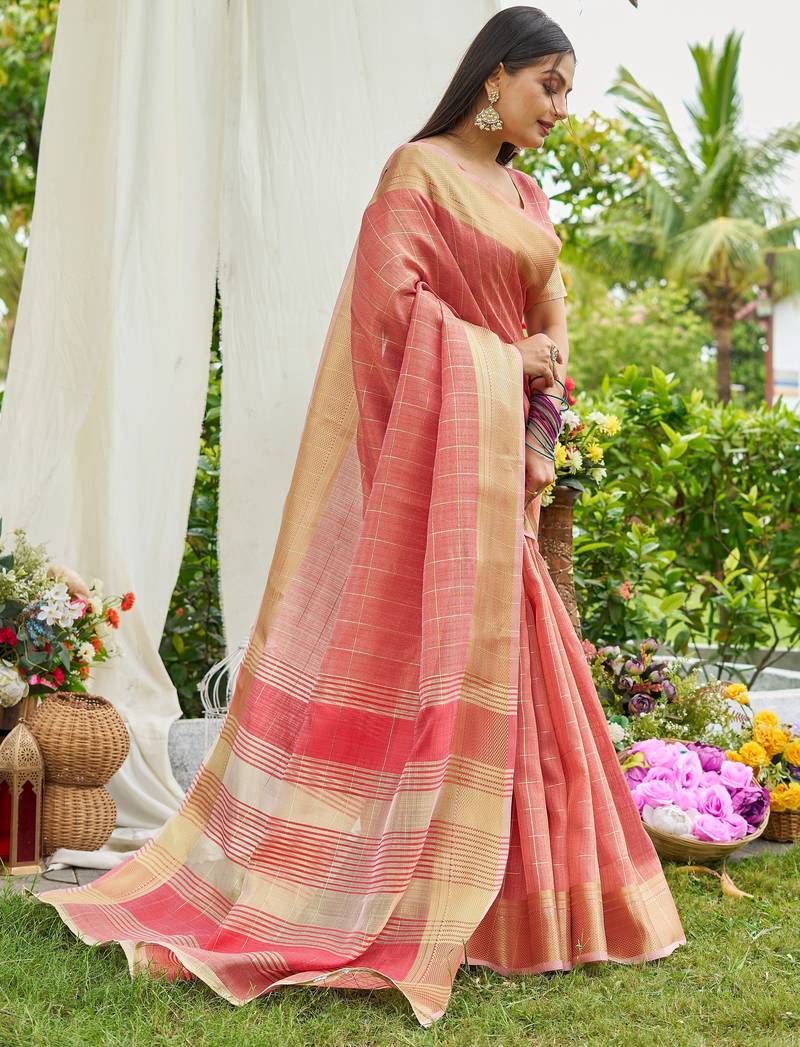 Peach plain tissue tissue-sarees saree with blouse