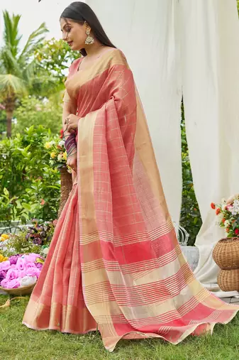 Peach plain tissue tissue-sarees saree with blouse