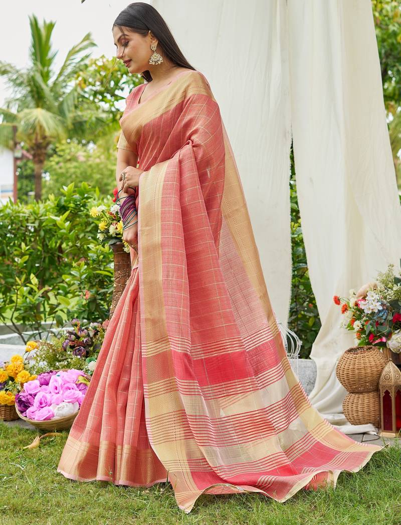 Peach plain tissue tissue-sarees saree with blouse