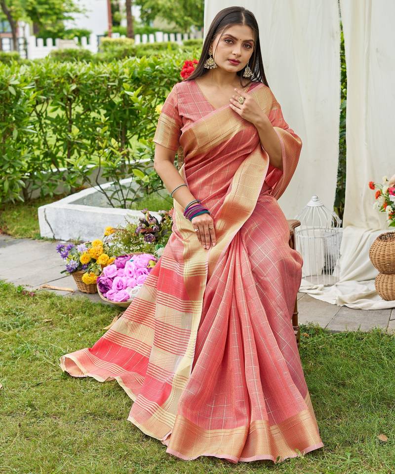 Peach plain tissue tissue-sarees saree with blouse
