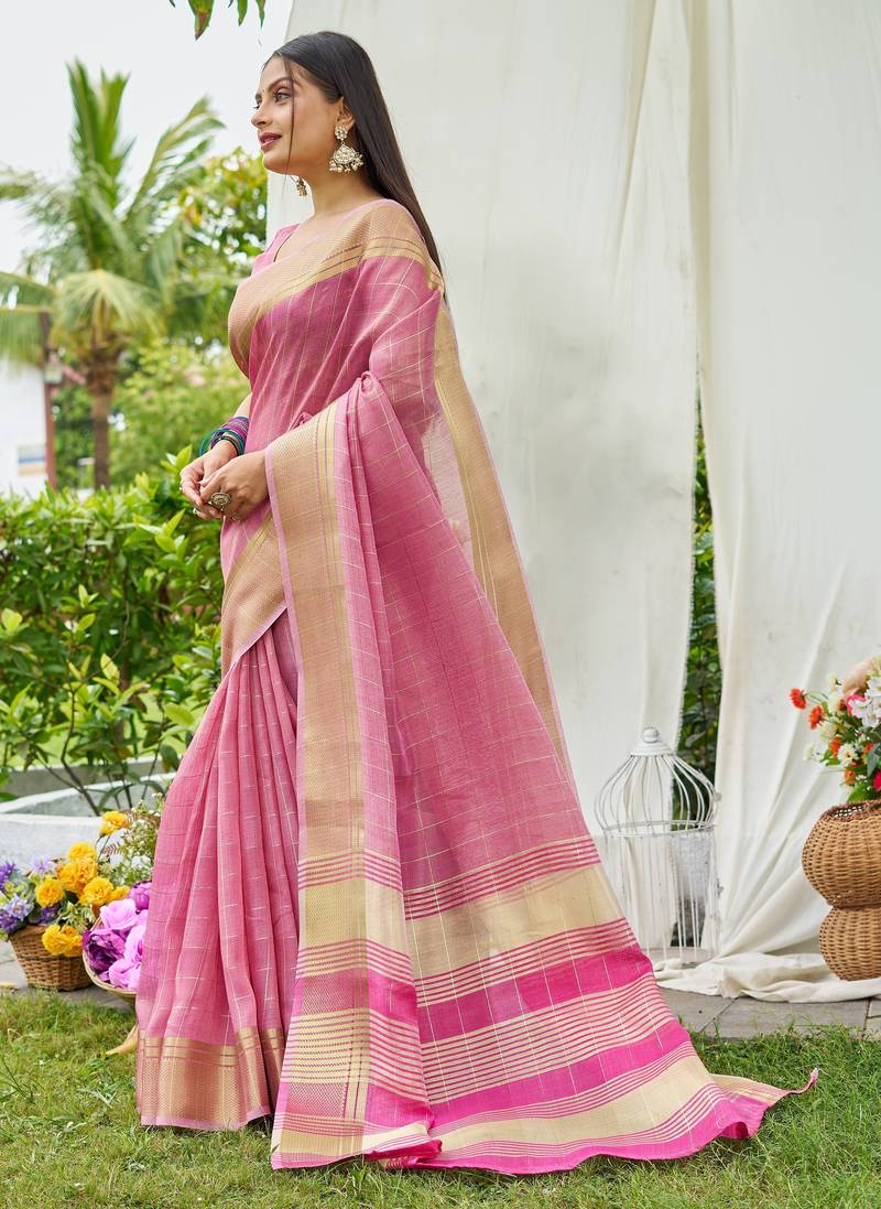 Pink plain tissue tissue-sarees saree with blouse