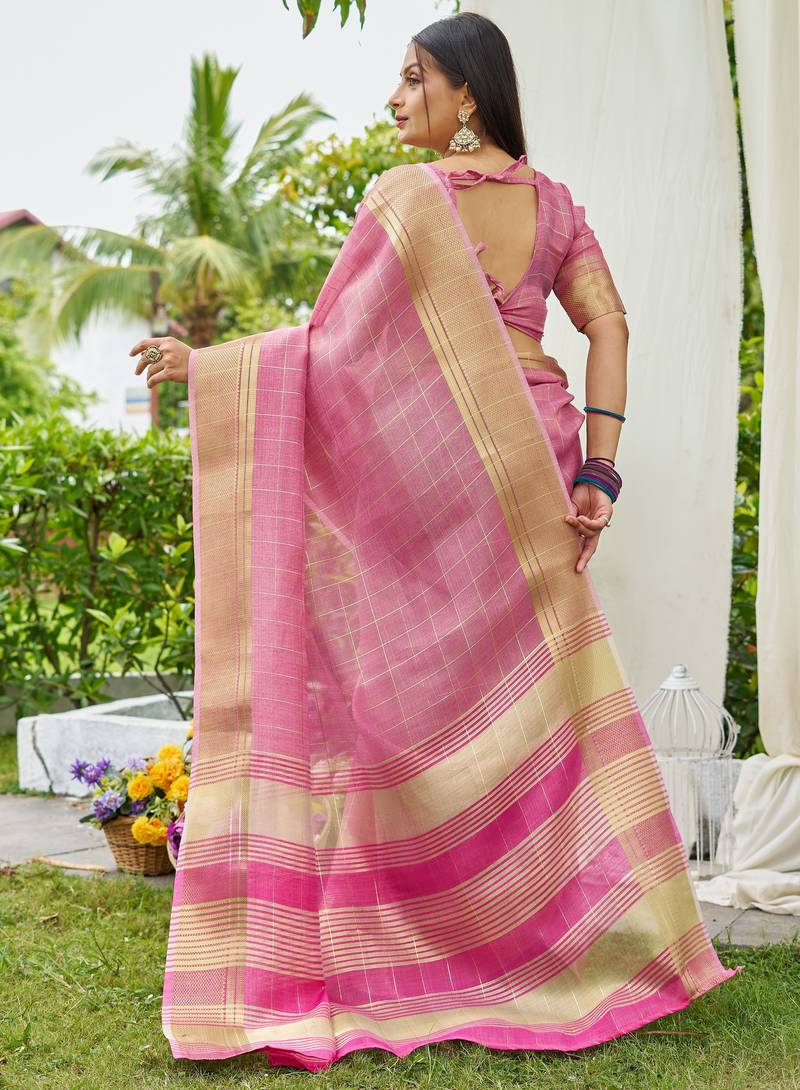 Pink plain tissue tissue-sarees saree with blouse