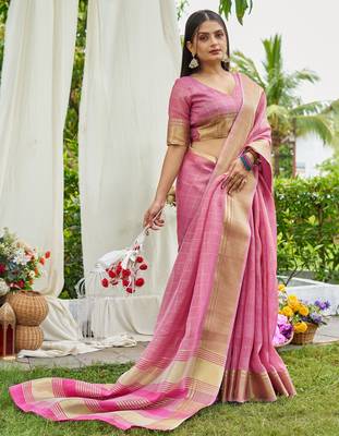 Pink plain tissue tissue-sarees saree with blouse 4