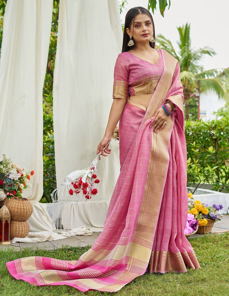 Pink plain tissue tissue-sarees saree with blouse