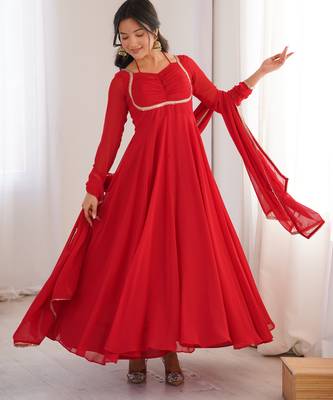 red georgette anarkali gown with dupatta 1