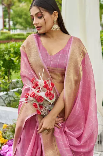 Pink plain tissue tissue-sarees saree with blouse