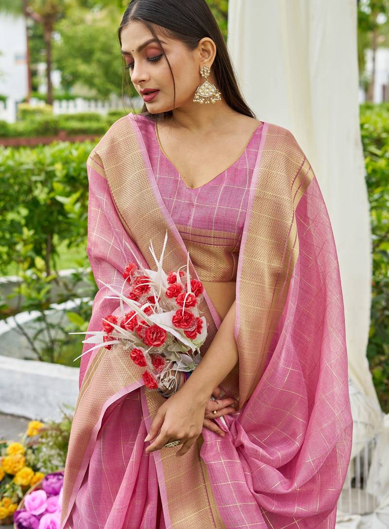 Pink plain tissue tissue-sarees saree with blouse