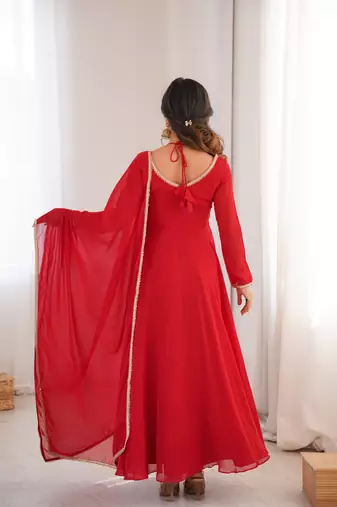 red georgette anarkali gown with dupatta