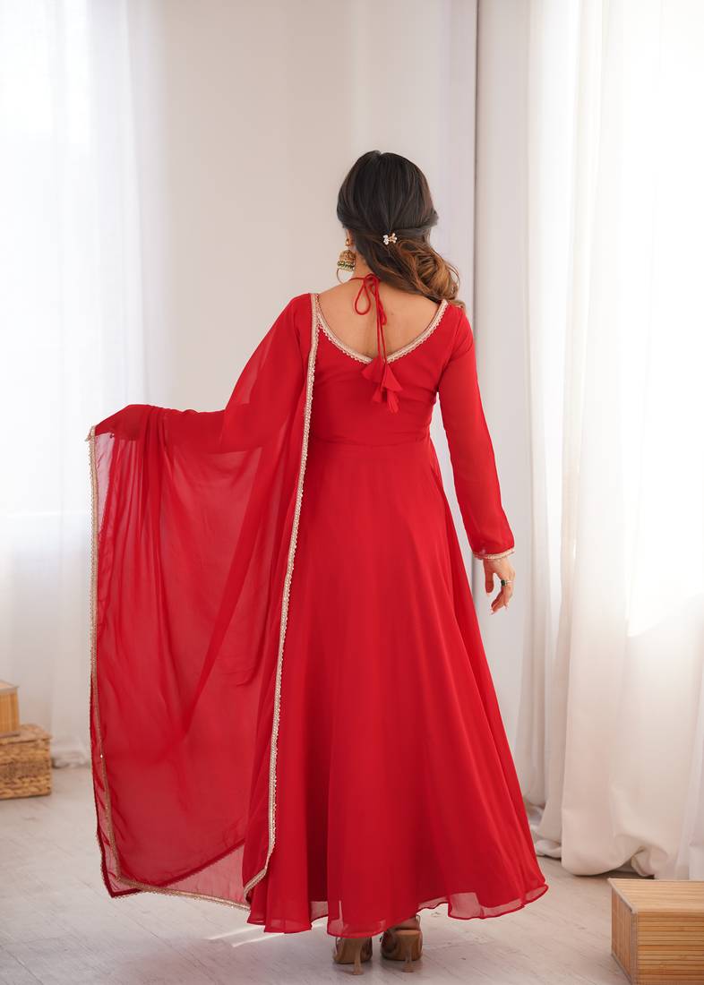 Elegant red georgette anarkali gown with dupatta