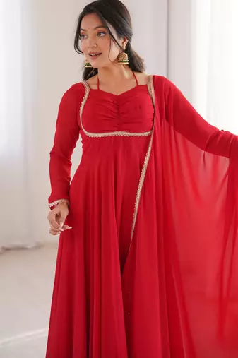 red georgette anarkali gown with dupatta