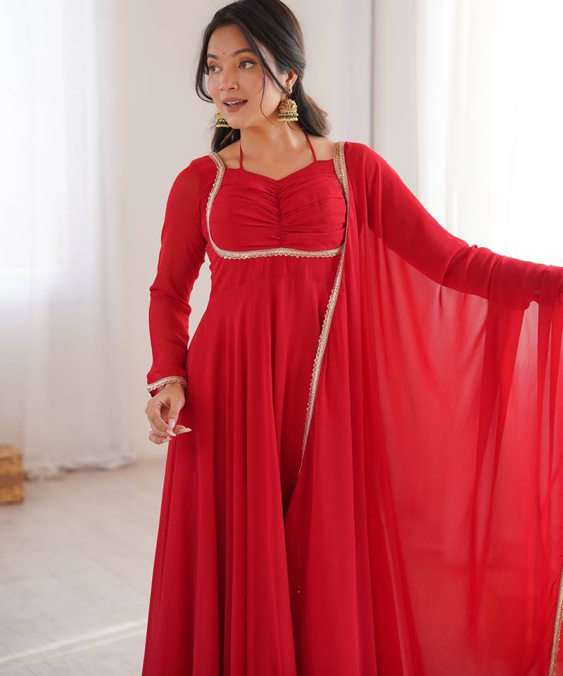 Elegant red georgette anarkali gown with dupatta