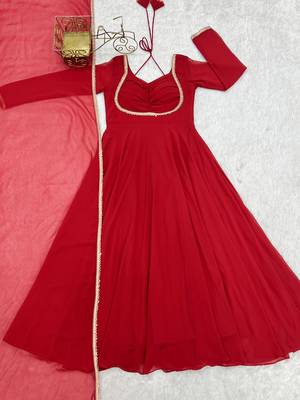 red georgette anarkali gown with dupatta 5