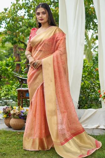 peach plain silk silk-sarees saree with blouse