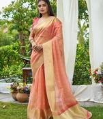 peach plain silk silk-sarees saree with blouse