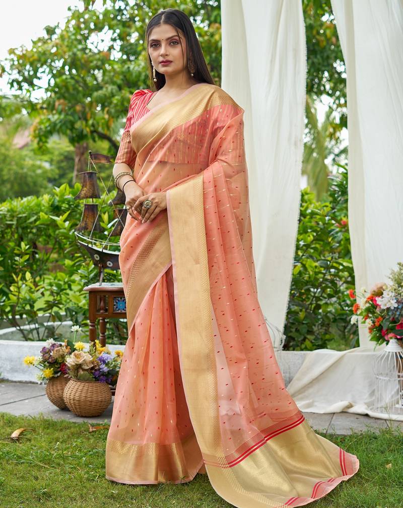 peach plain silk silk-sarees saree with blouse