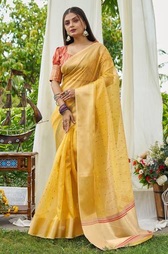 yellow plain silk silk-sarees saree with blouse