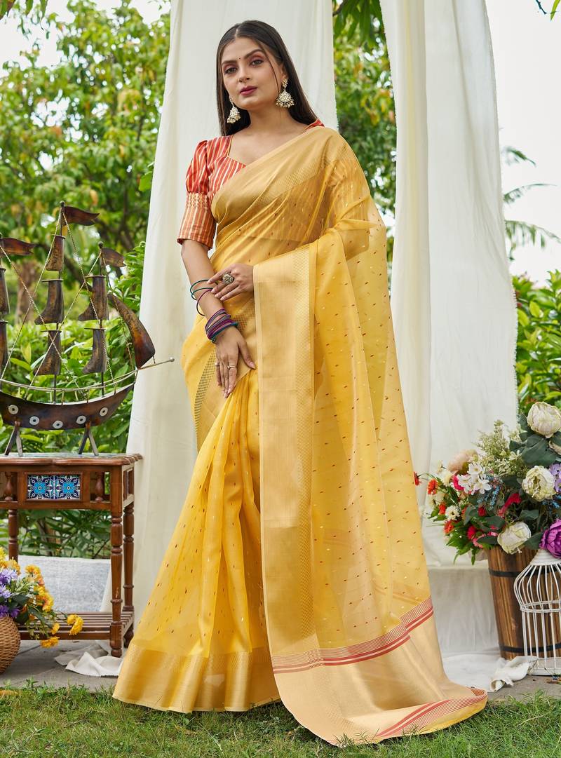 yellow plain silk silk-sarees saree with blouse