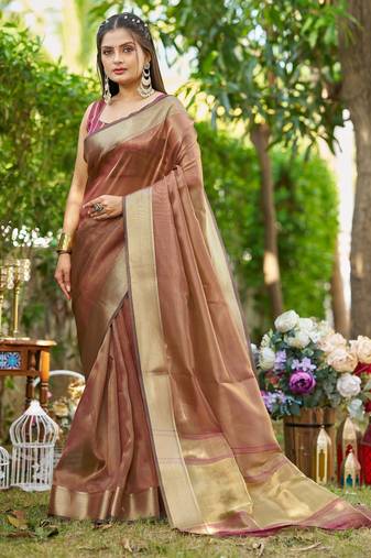 Brown plain tissue tissue-sarees saree with blouse