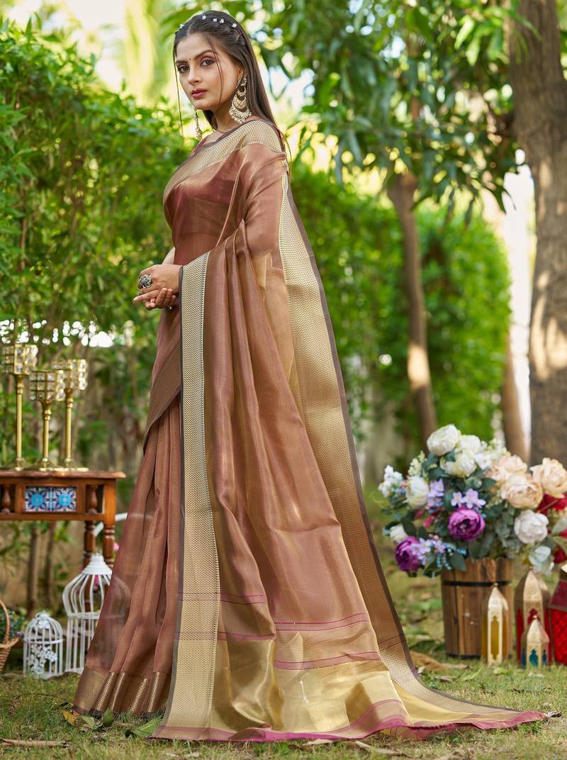 Brown plain tissue tissue-sarees saree with blouse