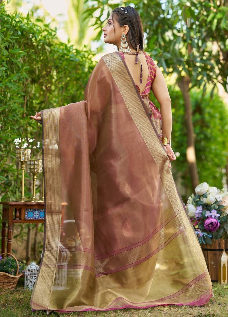 Brown plain tissue tissue-sarees saree with blouse